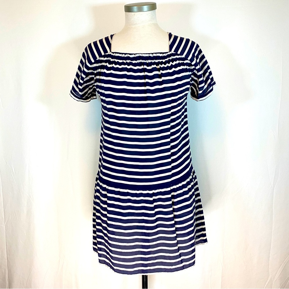 J. Crew 100% Silk dress, navy & white stripe, sheer dress, size XS